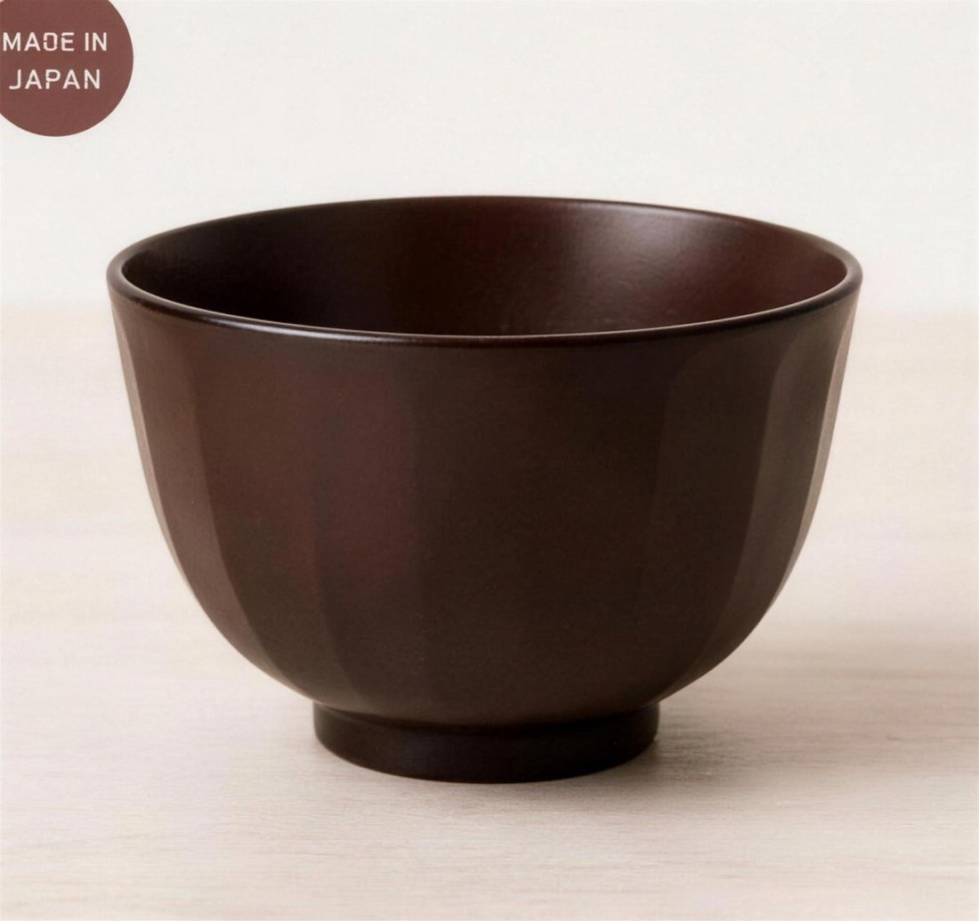 Brown Japanese rice bowl with a faceted side, made in Japan