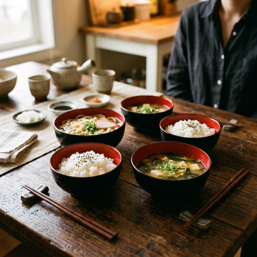 The bowls in use around a timber dining table with rice, soup and noodles