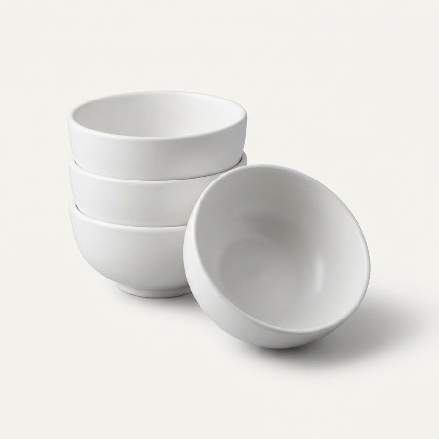 Small white stackable prep bowls, three stacked and one upright